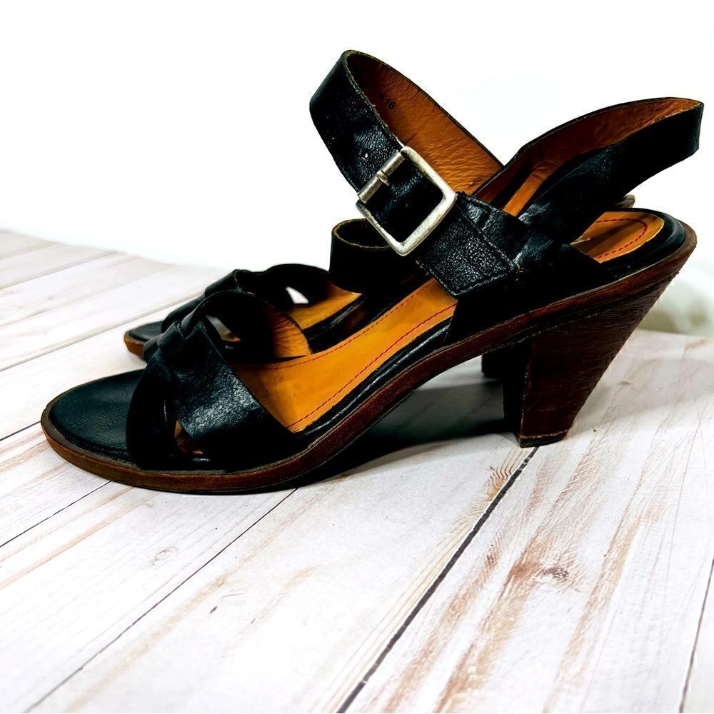 Trask Black Leather Strappy Heeled Sandals